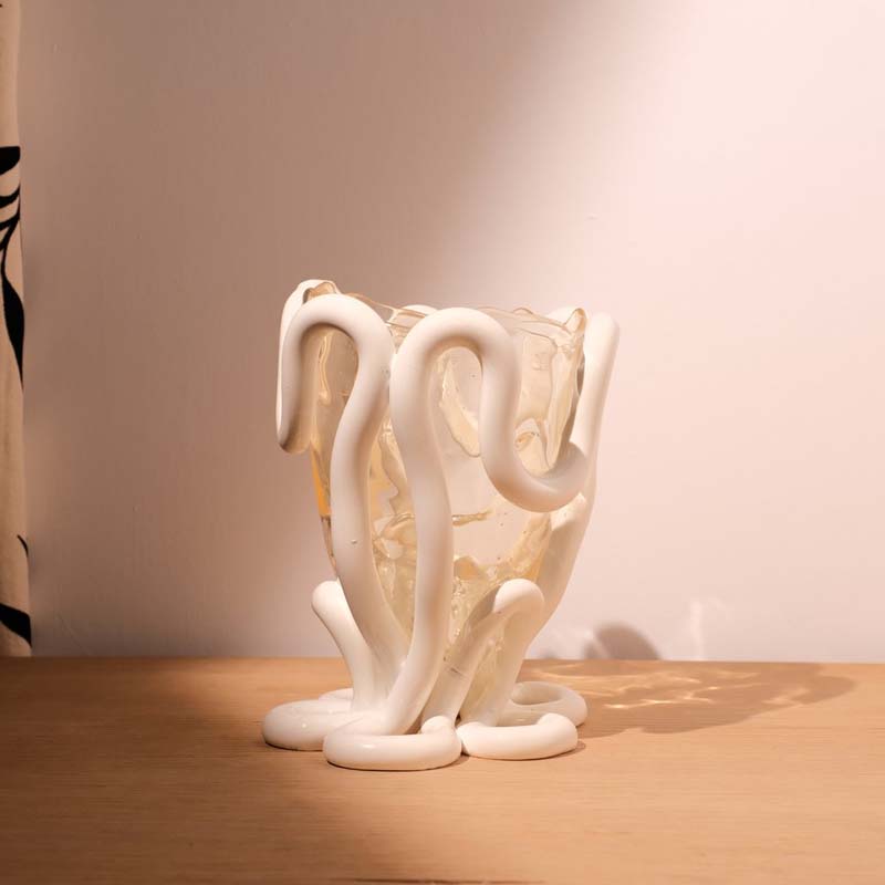 Vaso XXL In Plastica Lucida, Colore Crema Con Inserti Estraibili, 34x67 Cm - Per Interni Ed Esterni, Resistente Al Gelo E UV