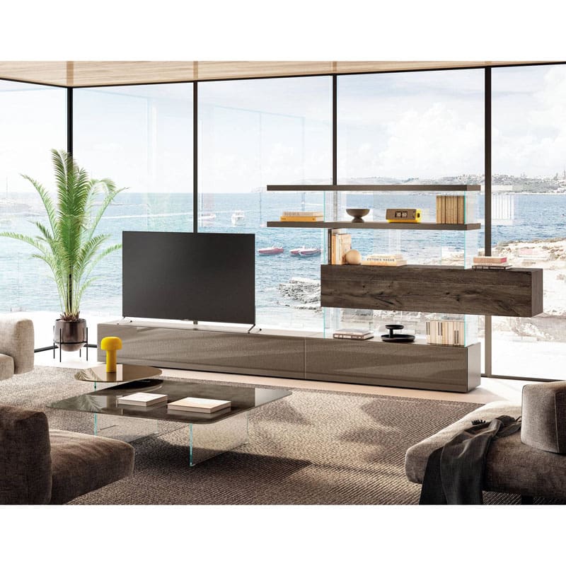 Lago Parete Attrezzata Air 0692 Wildwood grigio havana moka vetro lucido tundra vetro extrachiaro 1 Longho Design Palermo